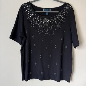 Karen Scott Women XL Black Studded Embellished Neckline Cotton Short Sleeve Top
